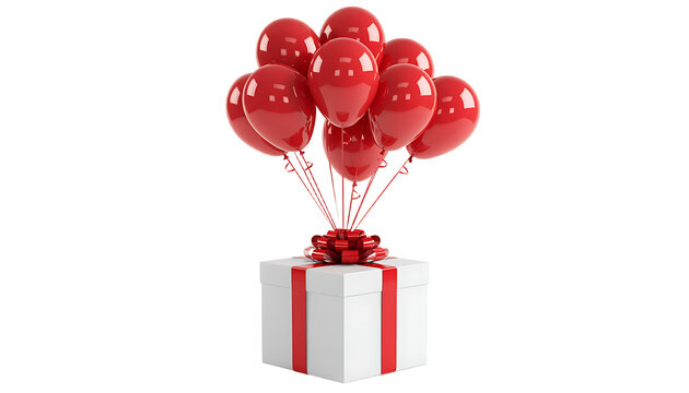Decorative gift box with red balloons for celebration and party decoration isolated on white background
