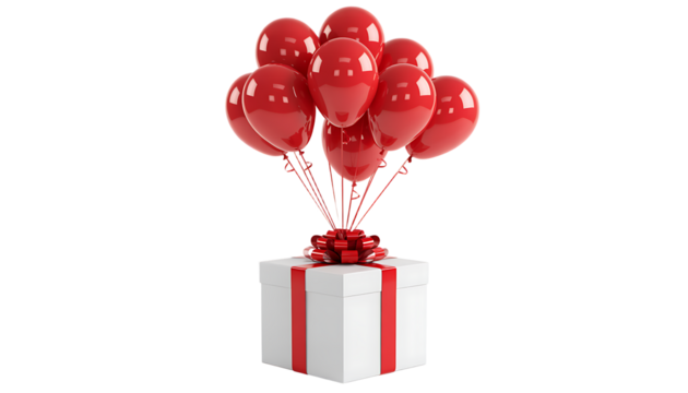 Decorative gift box with red balloons for celebration and party decoration isolated on white background
