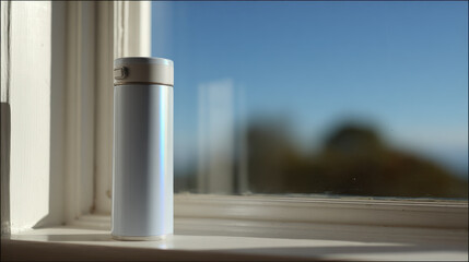 sleek thermos mug featuring holographic temperature indicator rests on clean surface