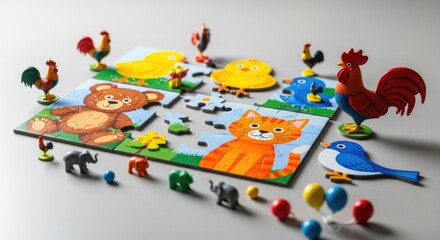 Fototapeta premium Toys, logos, puzzle, house, vector, illustration, architecture, art, icon, design, child, family, construction, symbol, toy, clown, baby, doll, fun, circus, holiday, animal, red, plasticine, colorful