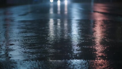 Reflections of car headlights shimmer on a wet, dark asphalt road at night. - Powered by Adobe