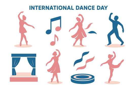 International dance day artistic silhouettes with musical notes and dancers