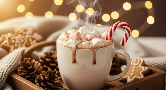 Cozy winter vibes with hot chocolate, marshmallows, and a candy cane, perfect for holiday promotions and festive social media campaigns