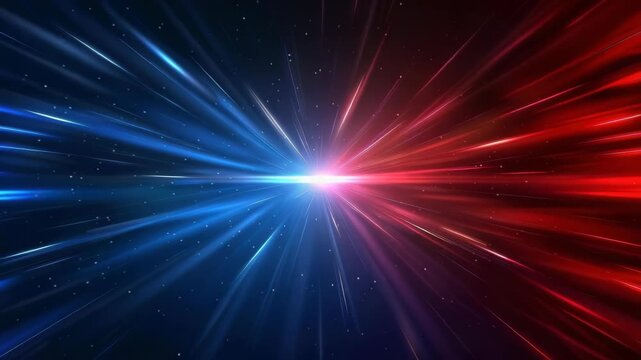 Abstract Light Spectrum: A mesmerizing display of radiant light streams, split between energetic red and blue hues, converges at a brilliant central point.
