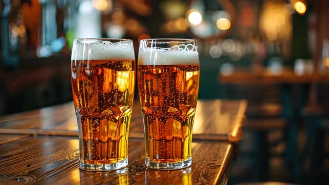 Cheers: A duo of chilled pints of beer, each overflowing with frothy foam, stand side-by-side on a rustic wooden table, with a blurred backdrop of a cozy bar ambiance.