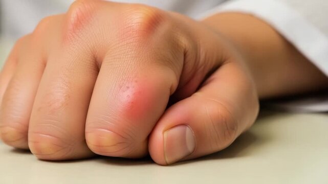 Knuckle blister on fair skin on light surface. Close up knuckle blister is noticeable on human hand, detail of wounded skin, pain and discomfort.