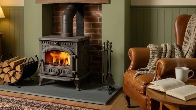 Warm fireplace with burning fire provides cozy comfort, as room includes stack of wood, leather armchair, and cup of tea. Home fireplace creates relaxing ambience in any room.