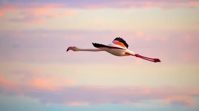Pink flamingo flying with wings open