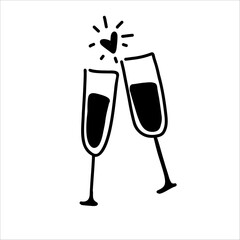 Doodle illustration of two champagne glasses clinking together with a small heart above. Simple hand-drawn Valentine element symbolizing love, joy, and celebration