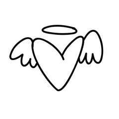 Doodle illustration of a heart with angel wings and halo above it. Simple hand-drawn Valentine element representing love, purity, and kindness, for greeting cards, planners, and romantic designs.