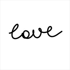 Minimalist hand-drawn doodle of the word “love” written in a single continuous line. Simple black lettering symbolizing romance, tenderness, and affection, perfect for cards, posters, and stickers.