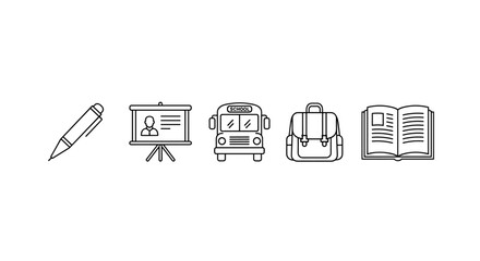 Collection of minimalistic linear icons representing essential elements for education and travel, including a pen, presentation board, bus, school bag, and an open book, all rendered with editable