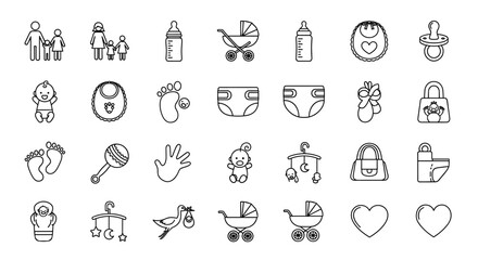 Collection of Family and Baby Related Line Icons, Outline Signs for Graphic and Web Design, Apps, Adverts, Various Cards, Vector Cartoon Illustrations, Newborn, Childhood, Parenthood, Maternity