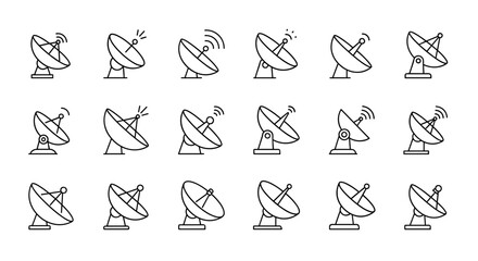 Collection of minimalistic linear pictograms representing satellite dishes, featuring editable strokes and a clean, modern design suitable for cards, apps, banners, and social media posts, all