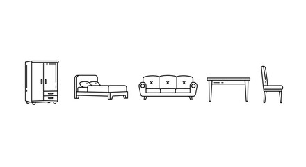 Collection of minimalist line art icons representing furniture for home and office, including a wardrobe, bed, sofa, table, and chair, perfect for apps, websites, banners, and infographics, offering