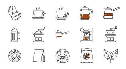 Collection of Coffee Related Line Icons: Roasted Coffee Outline Signs for Graphic and Web Design, Apps, Advertisements, Various Cards, Vector Cartoon Illustrations, and More. This set features