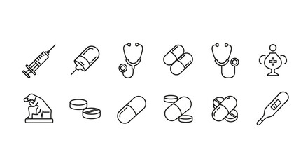 Collection of outline medical symbols including a syringe, stethoscope, pills, thermometer, and a doctor figure, drawn with thin lines, perfect for apps, websites, banners, and infographics
