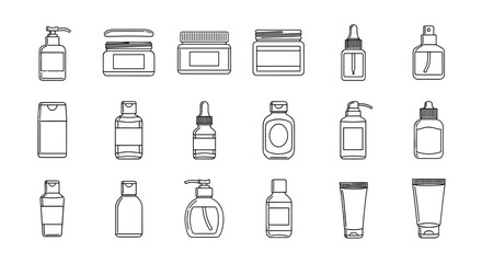 Collection of cosmetic and skincare product outline icons, including bottles, jars, and tubes, presented in a clean, minimalist line art style on a white background, perfect for graphic design, web