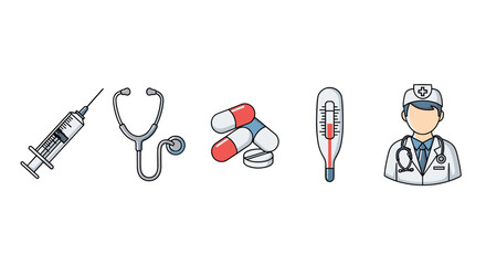 A vibrant and diverse collection of medical icons, including a syringe, stethoscope, pills, thermometer, and a doctor, perfect for enhancing applications, websites, banners, infographics, and various