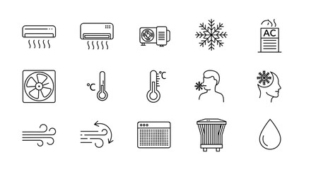 Collection of outline icons representing cooling and air conditioning systems, including AC units, fans, snowflakes, thermometers, and air flow symbols, perfect for graphic design, web applications