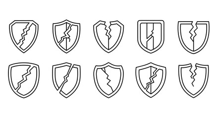 Collection of ten cracked shield outline icons and symbols, presented as a vector cartoon illustration on a clean white background, perfect for graphic design, book covers, advertisements, and app