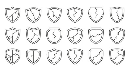 Collection of cracked shield outlines in a linear, cartoon illustration style, perfect for graphic design, web design, apps, adverts, and various cards, presented on a clean white background for