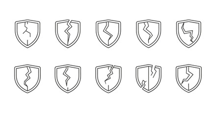 Set of ten minimalistic thin line icons representing cracked shields, symbolizing broken security, vulnerability, or failed protection. These vector graphics are ideal for web design, app interfaces