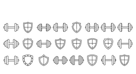 Set of hand-drawn vector icons featuring dumbbells and shields, presented in a thin line style on a clean white background, perfect for fitness, protection, and sports-related designs, offering a