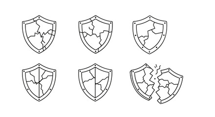 Set of six cracked shield icons, simple line art vector illustrations on a white background, depicting various stages of damage and breakage, perfect for security, protection, or failure concepts.