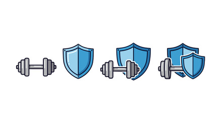 Set of four vector cartoon illustrations featuring dumbbells and shields, symbolizing strength, protection, and fitness, ideal for interface elements, social media posts, advertisements, and various