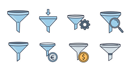 Set of eight funnel icons representing various business concepts like data filtering, process optimization, search, and financial transactions, presented in a clean, modern cartoon vector style with