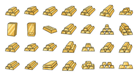Collection of Gold Bars and Ingots in Various Arrangements, Featuring a Clean Outline Style with Editable Stroke, Ideal for Infographics, Articles, Books, Flyers, and Banners, Presented as a Vector