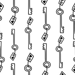 Seamless hand-drawn doodle pattern with keys and heart tags hanging vertically. Minimal black outline design for Valentine’s Day wrapping, paper crafts, wedding cards, and scrapbooking