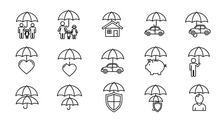 Vivid and descriptive line icon collection representing people and family under an umbrella, symbolizing insurance and protection. These outline signs are perfect for graphic and web design, apps