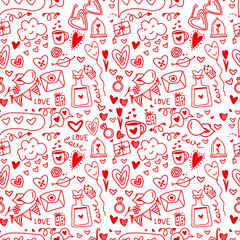 Naklejka premium Seamless red hand-drawn doodle pattern with love letters, birds, hearts, gifts, and romantic icons. Playful Valentine’s Day design for wrapping, wedding paper crafts, cards, and scrapbooking