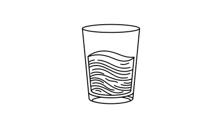 A minimalist white line drawing on a black background depicts a clear glass filled with water, showcasing wavy lines within the liquid to represent its movement and texture, perfect for health and