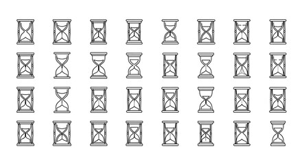 A comprehensive pack of thin line hourglass icons, perfect for web, books, cards, and apps. This editable stroke vector cartoon illustration features a white background, showcasing various hourglass
