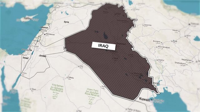 Country Iraq on the map is highlighted by a polygonal border. From above zooming in with panoramic view. Borders of the state of Iraq on the map