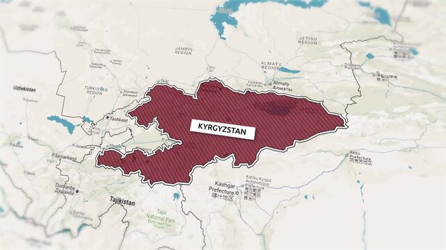 Country Kyrgyzstan on the map is highlighted by a polygonal border. From above zooming in with panoramic view. Borders of the state of Kyrgyzstan on the map