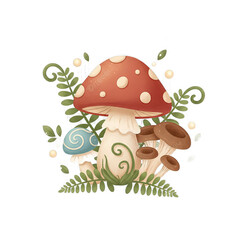 Whimsical Woodland Mushroom Cluster With Red Cap and Blue Swirl Accents Surrounded By Green Ferns and Delicate White Berries on Transparent Background
