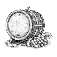 Engraved illustration showcasing wine barrel with fresh grapes and leaves, capturing the essence of vineyard life and winemaking art