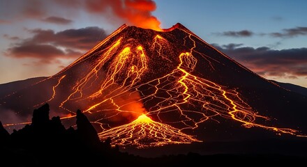 Fiery Volcano Erupting with Lava Flows at Dusk.