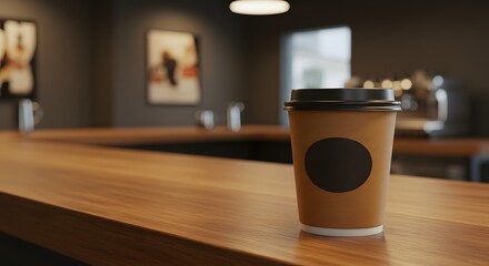 Craft paper coffee cup with black lid on a polished wooden counter in a modern cafe setting, blurred background.