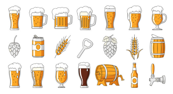 A vibrant collection of beer-related icons, featuring various glasses filled with frothy golden ale, a dark stout, beer cans, hops, barley stalks, a bottle opener, wooden barrels, a beer bottle, and