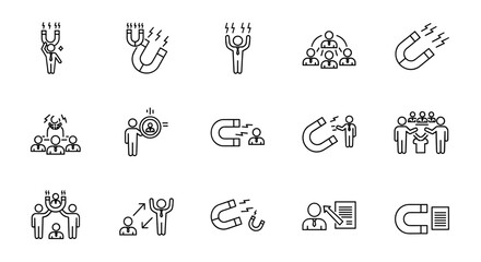 Collection of thin line icons representing employee attraction and retention strategies, featuring magnets, people in groups, and individual figures interacting with business elements, symbolizing