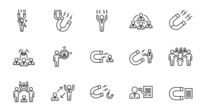 Collection of thin line icons representing employee attraction and retention strategies, featuring magnets, people in groups, and individual figures interacting with business elements, symbolizing