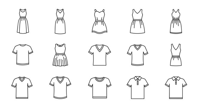 Collection of simple line art icons representing various dresses and t-shirts, including V-neck and crew neck styles, suitable for web design, book illustrations, card graphics, and app icons