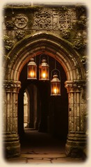 Fototapeta premium Mysterious ancient stone archway with three glowing lanterns.