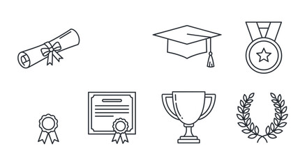 Collection of outline icons representing academic awards and achievements, including a diploma scroll, graduation cap, medal, certificate, trophy cup, and laurel wreath, symbolizing education and