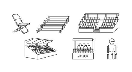 Outline icon set depicting audience and seating arrangements, including a folding chair, bleacher bench, grandstand, and VIP box, representing spectators and event infrastructure in a clean